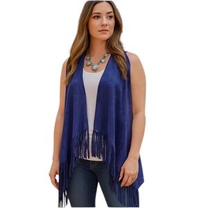 INC Suede Fringe Western Ranch Revival Boho Vest Blue Indigo New XS